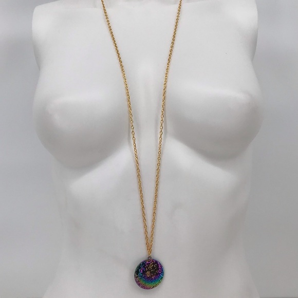 Iridescent Oil Slick Moon Pendent Necklace LONG! - Picture 6 of 6